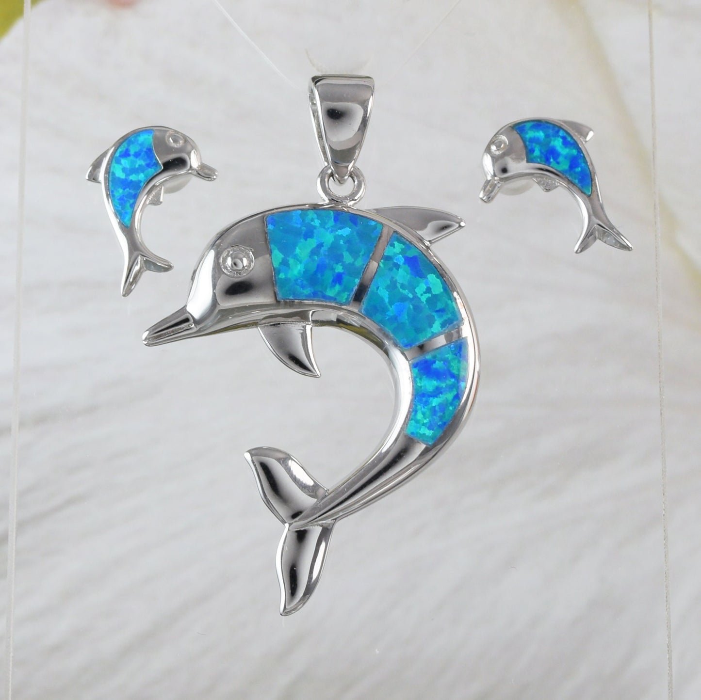 Gorgeous Hawaiian Large Blue Opal Dolphin Earring and Necklace, Sterling Silver Opal Dolphin Pendant, N6031SH Birthday Mother Mom Gift