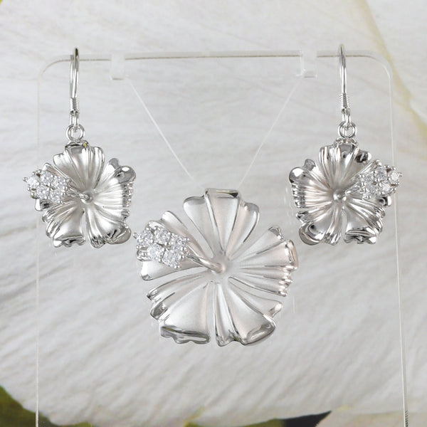 Magnifique collier et boucles d'oreilles hibiscus hawaïen, fleur officielle de l'État d'Hawaï, pendentif hibiscus CZ en argent sterling N6134S, cadeau d'anniversaire pour maman