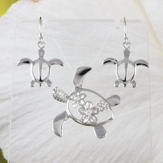 Beautiful Hawaiian Large Sea Turtle Necklace and Earring, Sterling Silver 3 Plumeria CZ Turtle Pendant N6142S Birthday Mother Mom Gift