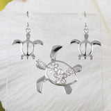 Magnifique collier et boucles d'oreilles en forme de grande tortue de mer hawaïenne, pendentif en argent sterling avec 3 zircones cubiques Plumeria N6142S, cadeau d'anniversaire pour maman