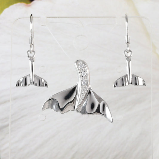 Collier et boucles d'oreilles uniques en forme de queue de baleine hawaïenne, pendentif en argent sterling avec zircone cubique, cadeau d'anniversaire pour maman N6144S, bijoux des îles