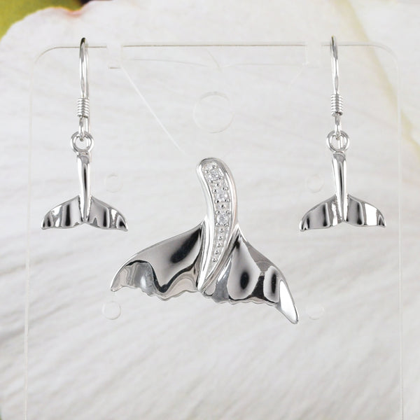 Unique Hawaiian Whale Tail Necklace and Earring, Sterling Silver Whale Tail CZ Pendant, N6144S Birthday Mother Mom Gift, Island Jewelry