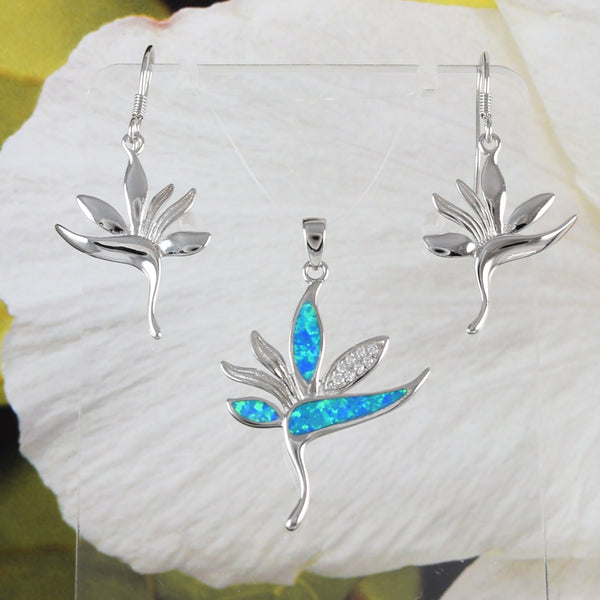 Superbe collier et boucles d'oreilles oiseau de paradis hawaïen, pendentif oiseau de paradis en argent sterling avec opale bleue CZ, cadeau d'anniversaire pour maman N6156S