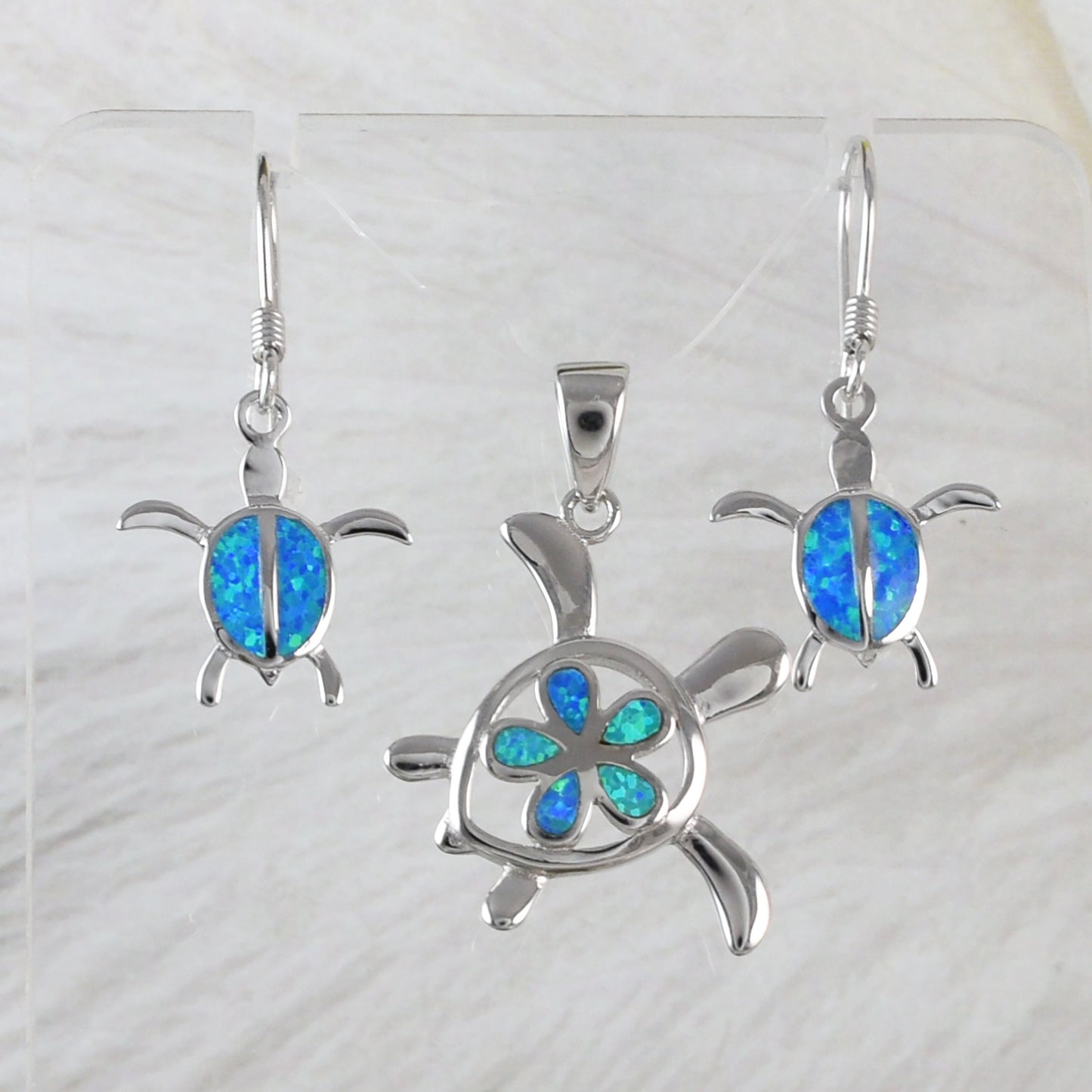 Beautiful Hawaiian Opal Plumeria Sea Turtle Necklace and Earring, Sterling Silver Blue Opal Plumeria Turtle Pendant N6159S Birthday Mom Gift