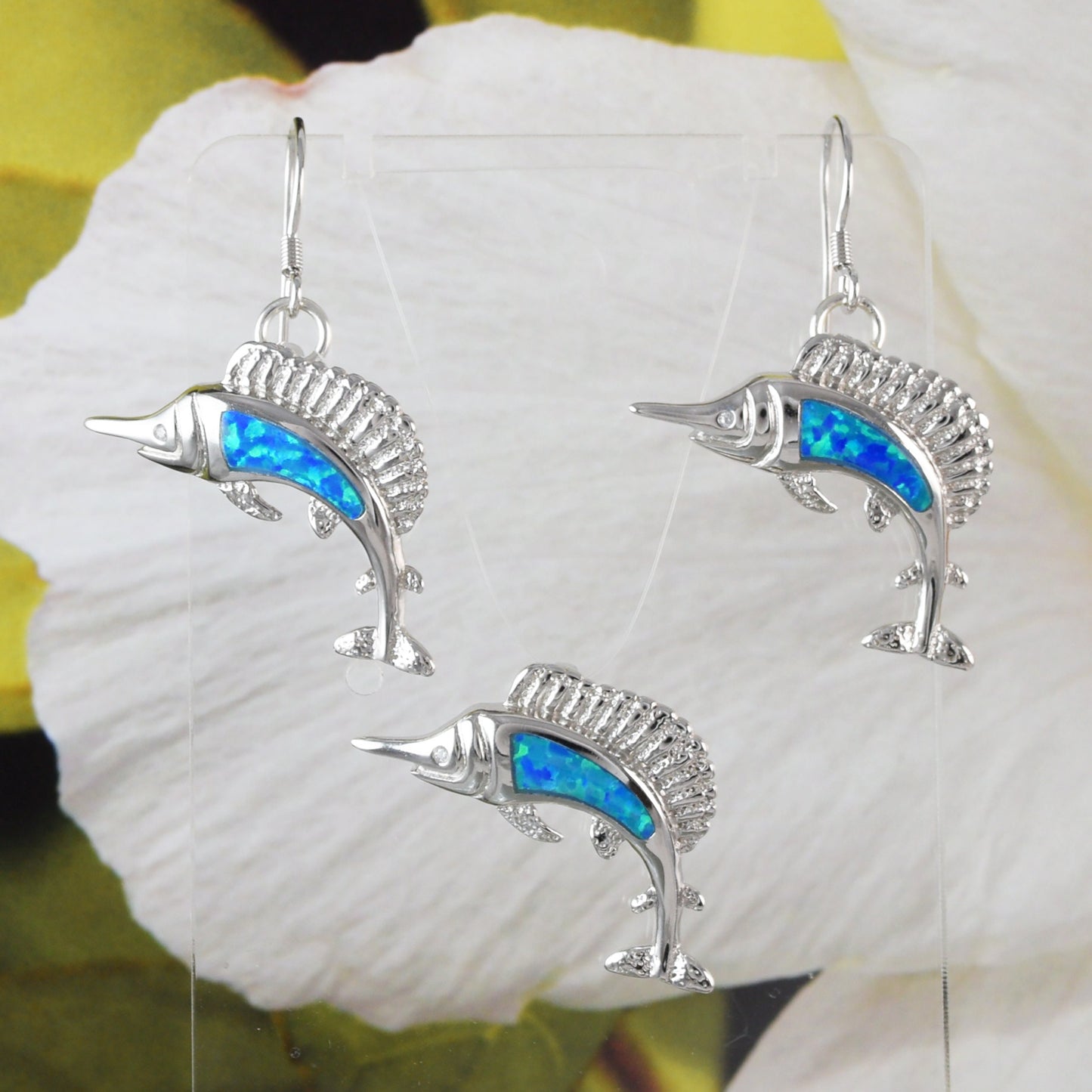 Beautiful Hawaiian Blue Opal Marlin Fish Earring and Necklace, Sterling Silver Blue Opal Swordfish Pendant, N6161 Birthday Mother Mom Gift