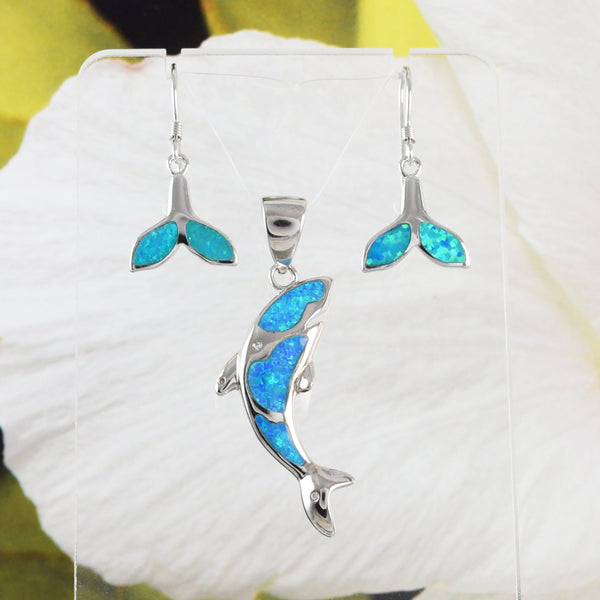 Unique Hawaiian Blue Opal Orca Whale Earring and Necklace, Sterling Silver Blue Opal Orca Killer Whale CZ Eye Pendant, N6166S Birthday Gift