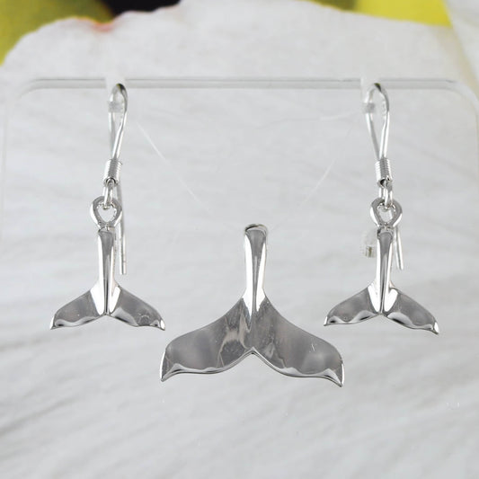 Joli collier et boucles d'oreilles en forme de queue de baleine hawaïenne, pendentif en argent sterling avec breloque en forme de queue de baleine, cadeau d'anniversaire pour mère, épouse, maman et fille, N2006S