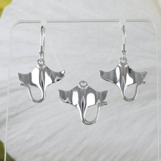 Collier et boucles d'oreilles uniques en forme de raie manta hawaïenne, pendentif en argent sterling avec breloque raie manta 3D, cadeau d'anniversaire pour maman N2009S