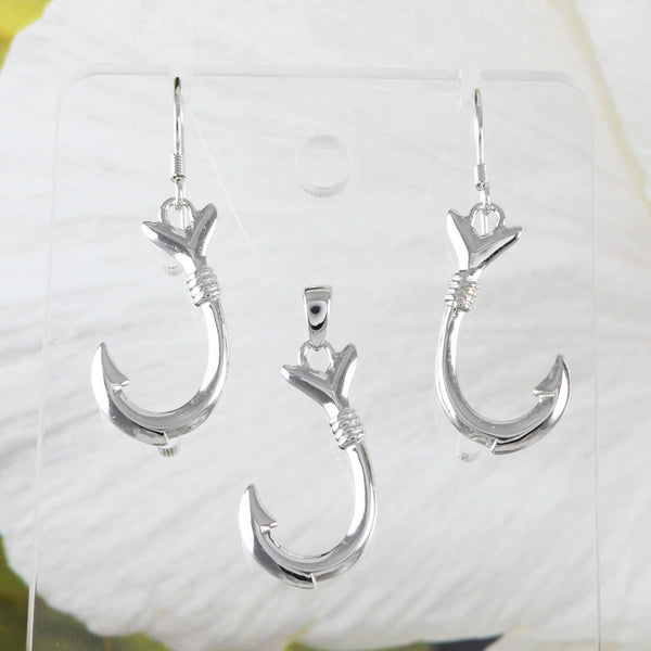 Pretty Hawaiian 3D Fish Hook Necklace and Earring, Sterling Silver 3D Fish Hook Pendant, N2013S Birthday Mother Wife Mom Gift