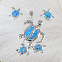 Gorgeous Hawaiian X-Large Mom & 2 Baby Sea Turtle Earring and Necklace, Sterling Silver Blue Opal Turtle Family Pendant N6169S Birthday Gift