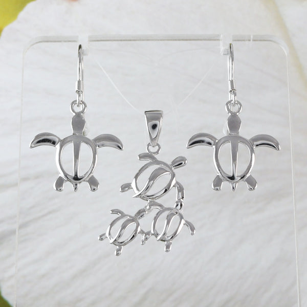 Collier et boucles d'oreilles pour jolie maman hawaïenne et 2 bébés tortues de mer, pendentif 3 tortues en argent sterling, cadeau d'anniversaire pour mère, épouse, maman, N2023S