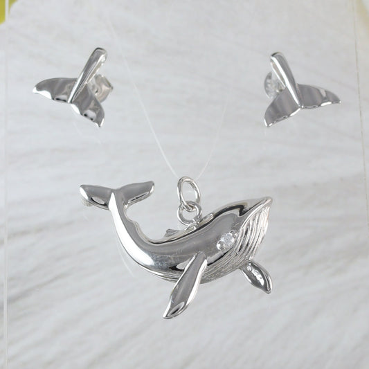 Boucles d'oreilles et collier uniques en forme de baleine à bosse hawaïenne, pendentif en argent sterling avec œil de baleine en zircon cubique, cadeau d'anniversaire pour maman N6011