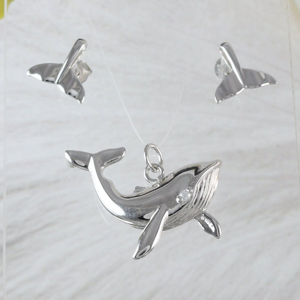 Unique Hawaiian Humpback Whale Earring and Necklace, Sterling Silver Whale CZ Eye Pendant, N6011 Birthday Anniversary Mom Mother Gift