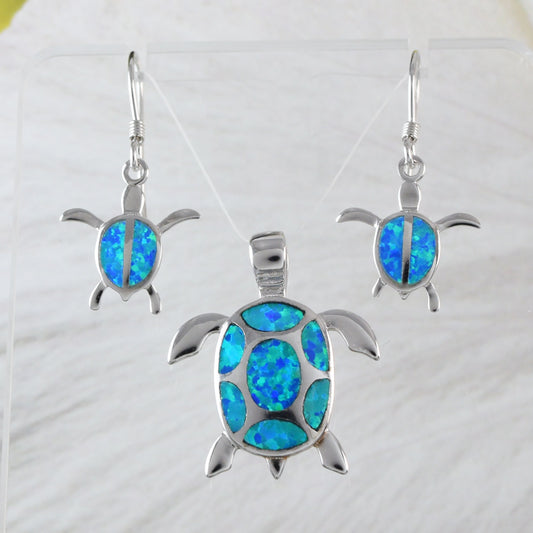 Beautiful Hawaiian Blue Opal Sea Turtle Earring and Necklace, Sterling Silver Opal Turtle Pendant, N6028S Birthday Mother Wife Mom Gift