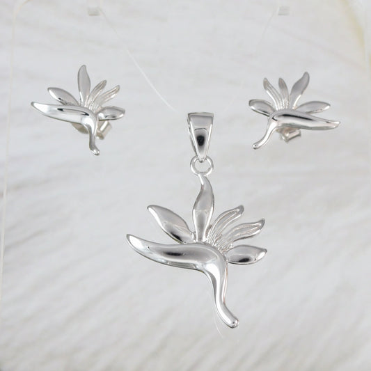 Collier et boucles d'oreilles uniques en forme d'oiseau de paradis hawaïen, pendentif en argent sterling avec fleur d'oiseau de paradis, cadeau d'anniversaire pour maman N2005S