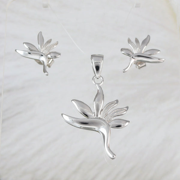 Collier et boucles d'oreilles uniques en forme d'oiseau de paradis hawaïen, pendentif en argent sterling avec fleur d'oiseau de paradis, cadeau d'anniversaire pour maman N2005S