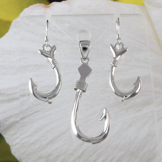 Beautiful Large Hawaiian 3D Fish Hook Necklace and Earring, Sterling Silver 3D Fish Hook Pendant, N6124S Birthday Mother Gift