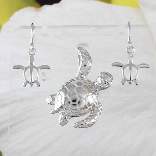 Beautiful Hawaiian Sea Turtle Necklace and Earring, Sterling Silver Hawaiian Turtle Pendant, N6127S Birthday Mother Wife Mom Gift