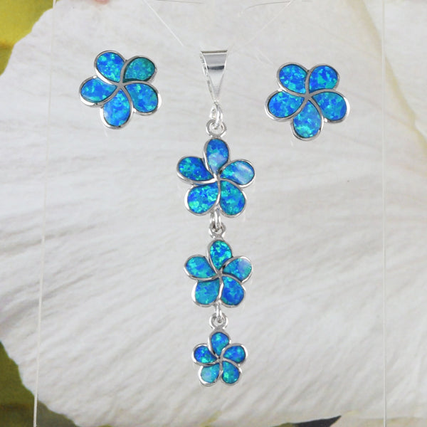 Magnifique boucle d'oreille et collier Plumeria hawaïen à 3 opales bleues, passé, présent et futur, pendentif Plumeria en argent sterling, cadeau d'anniversaire N6145