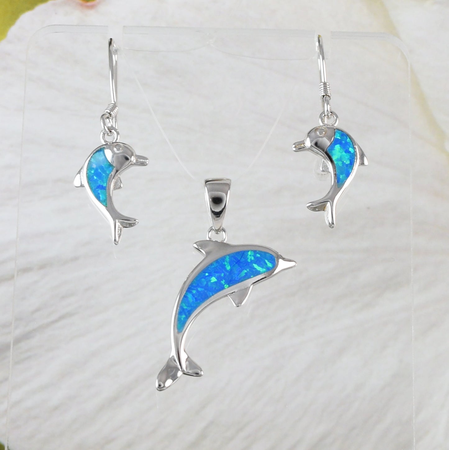 Beautiful Hawaiian Blue Opal Dolphin Necklace and Earring, Sterling Silver Blue Opal Dolphin Pendant, N6149S Birthday Mother Mom Gift