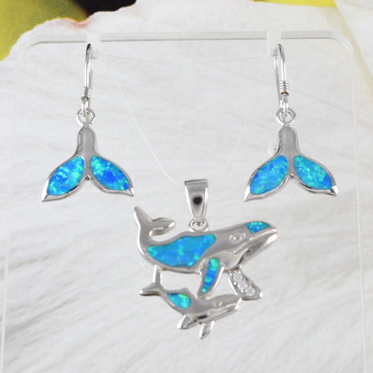 Magnifique collier et boucles d'oreilles baleine à bosse hawaïenne maman et bébé, pendentif baleine en argent sterling opale bleue N6151S cadeau d'anniversaire pour maman