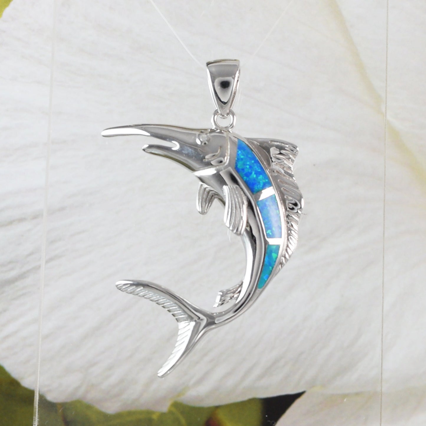 Unique Gorgeous Hawaiian X-Large Blue Opal Marlin Necklace, Sterling Silver Opal Marlin Fish Pendant, N6152 Birthday Mom Gift, Statement PC - Hawaii Treasures Shop