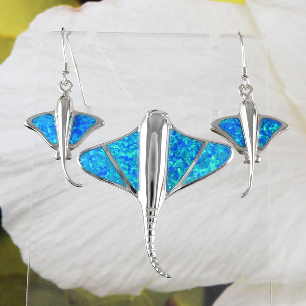 Boucles d'oreilles et collier uniques et magnifiques en forme de raie pastenague hawaïenne bleue, pendentif en argent sterling avec opale pastenague, cadeau d'anniversaire pour mère N6154