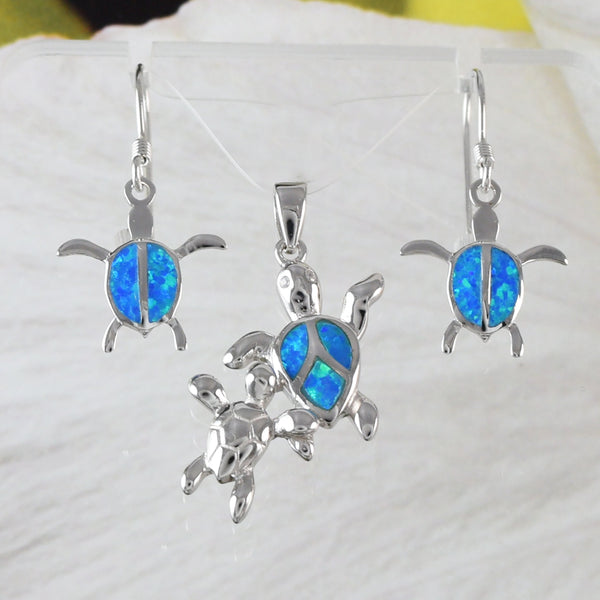 Magnifique collier et boucles d'oreilles tortue de mer hawaïenne maman et bébé, pendentif tortue en argent sterling opale bleue N6157S Cadeau d'anniversaire pour maman