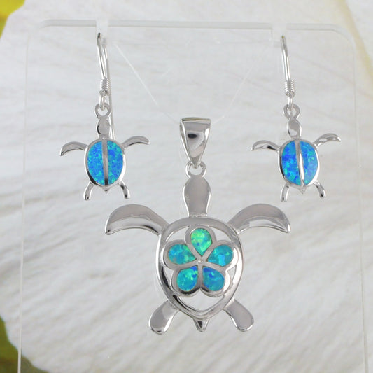 Gorgeous Hawaiian Large Sea Turtle Plumeria Necklace and Earring, Sterling Silver Blue Opal Plumeria Turtle Pendant N6160S Birthday Mom Gift