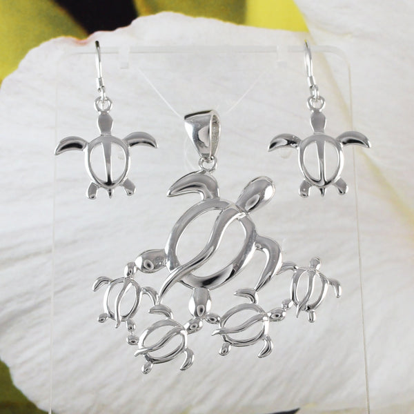 Superbe collier et boucles d'oreilles XL pour maman et 4 bébés tortues de mer, pendentif famille tortues de mer hawaïennes en argent sterling N6171S Cadeau d'anniversaire pour maman