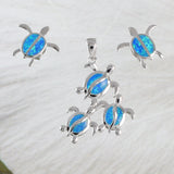 Magnifique collier et boucles d'oreilles pour maman hawaïenne et 2 bébés tortues de mer, pendentif en argent sterling avec opale bleue et tortue N6173S, cadeau d'anniversaire pour maman