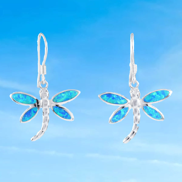 Beautiful Hawaiian Large Blue Opal Dragonfly Earring, Sterling Silver Blue Opal Dragonfly Dangle Earring, E6146 Birthday Mother Mom Gift