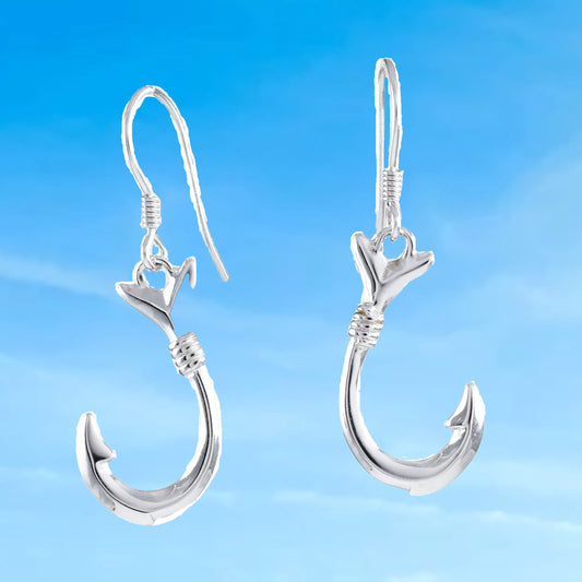 Unique Hawaiian Large 3D Fish Hook Earring, Sterling Silver Fish Hook Dangle Earring, E4140A Mother Birthday Anniversary Wife Mom Gift