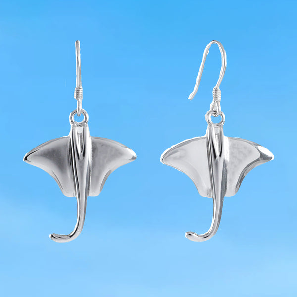 Boucles d'oreilles uniques en forme de raie pastenague hawaïenne de très grande taille, boucles d'oreilles pendantes en argent sterling, cadeau d'anniversaire pour femme, maman, mère, bijoux des îles, E4153A