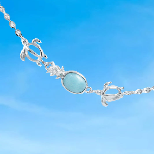 Unique Hawaiian Genuine Larimar Pineapple Sea Turtle Anklet, Sterling Silver Larimar Pineapple Ankle Bracelet, A9393 Birthday Mom Gift