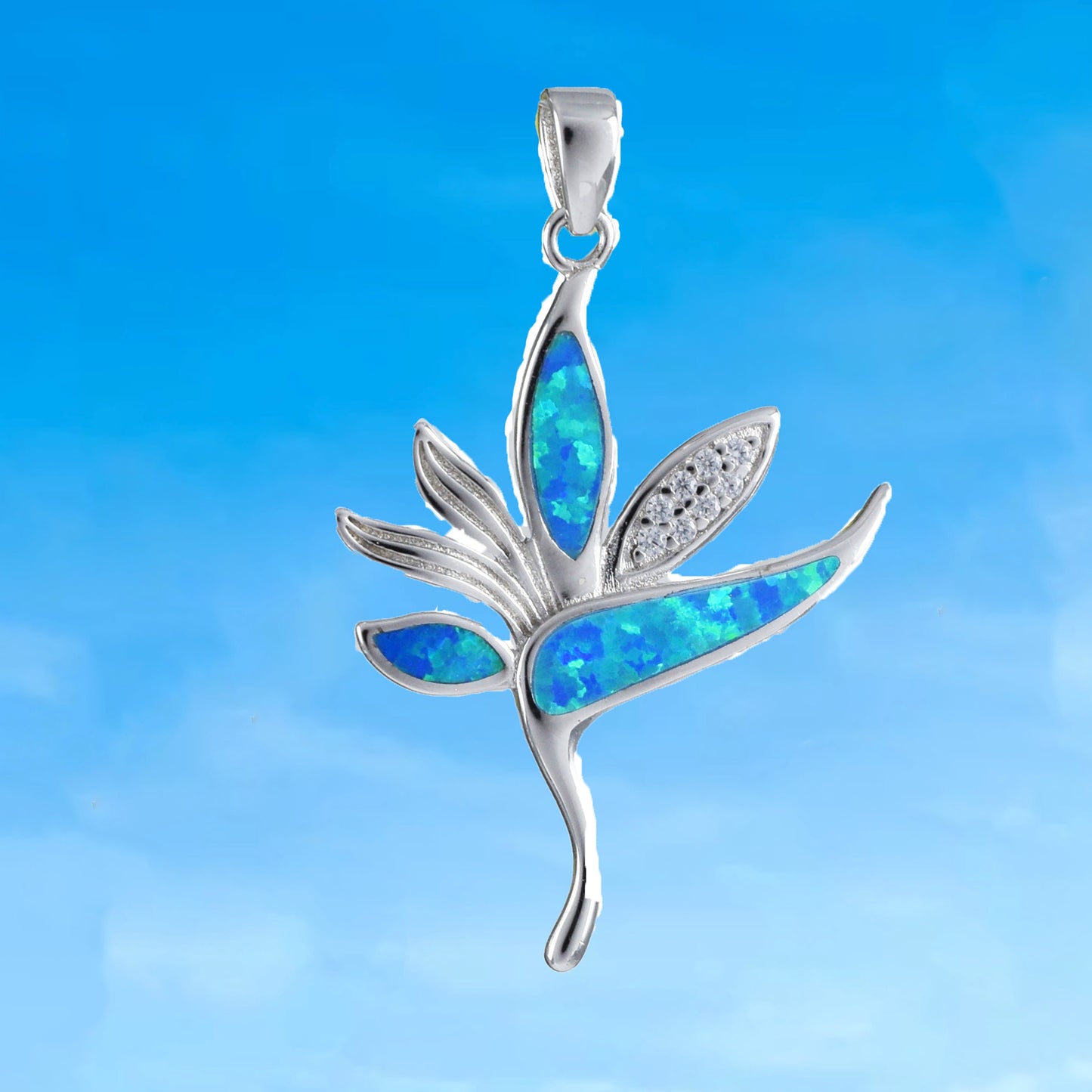 Stunning Hawaiian Blue Opal Bird of Paradise Necklace, Sterling Silver Opal Bird of Paradise CZ Pendant, N6156 Birthday Mother Mom Gift