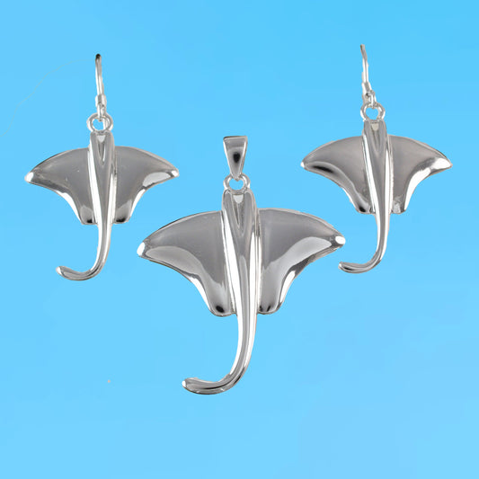 Collier et boucles d'oreilles uniques et magnifiques en forme de grande raie hawaïenne, pendentif en argent sterling avec raie pastenague, cadeau d'anniversaire pour maman N6110S