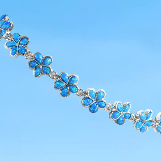 Beautiful Hawaiian Blue Opal Plumeria Bracelet, Sterling Silver Blue Opal Plumeria Bracelet, B3307 Birthday Mom Wife Valentine Gift