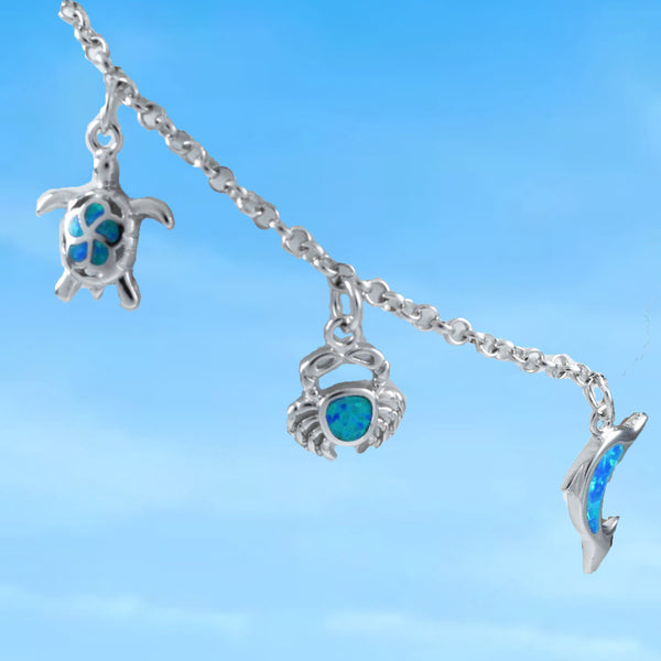 Magnifique bracelet en opale hawaïenne, tortue de mer, dauphin, crabe, bracelet en argent sterling, opale bleue, tortue, plumeria, cadeau d'anniversaire pour maman B3316