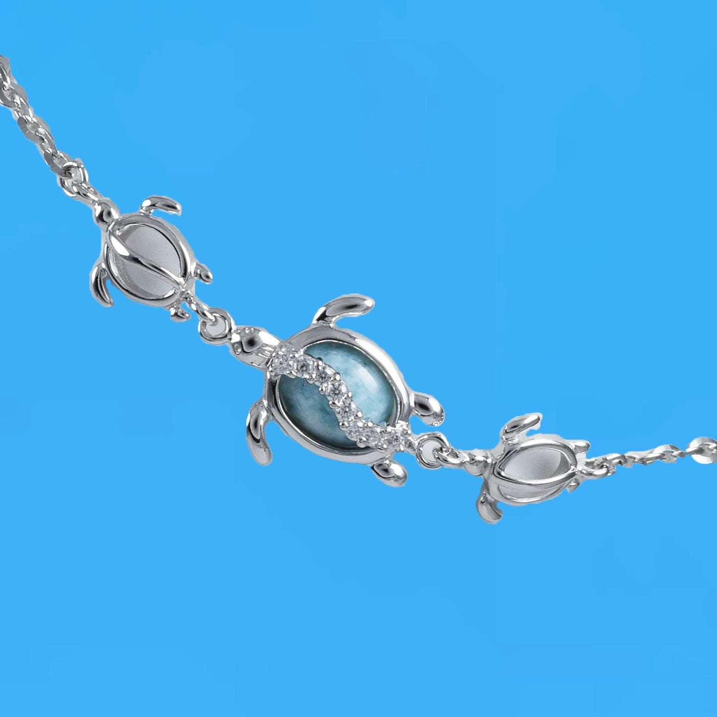 Unique Hawaiian Genuine Larimar Sea Turtle Anklet Bracelet, Sterling Silver Larimar Turtle Ankle Bracelet, A8434 Birthday Valentine Mom Gift - Hawaii Treasures Shop