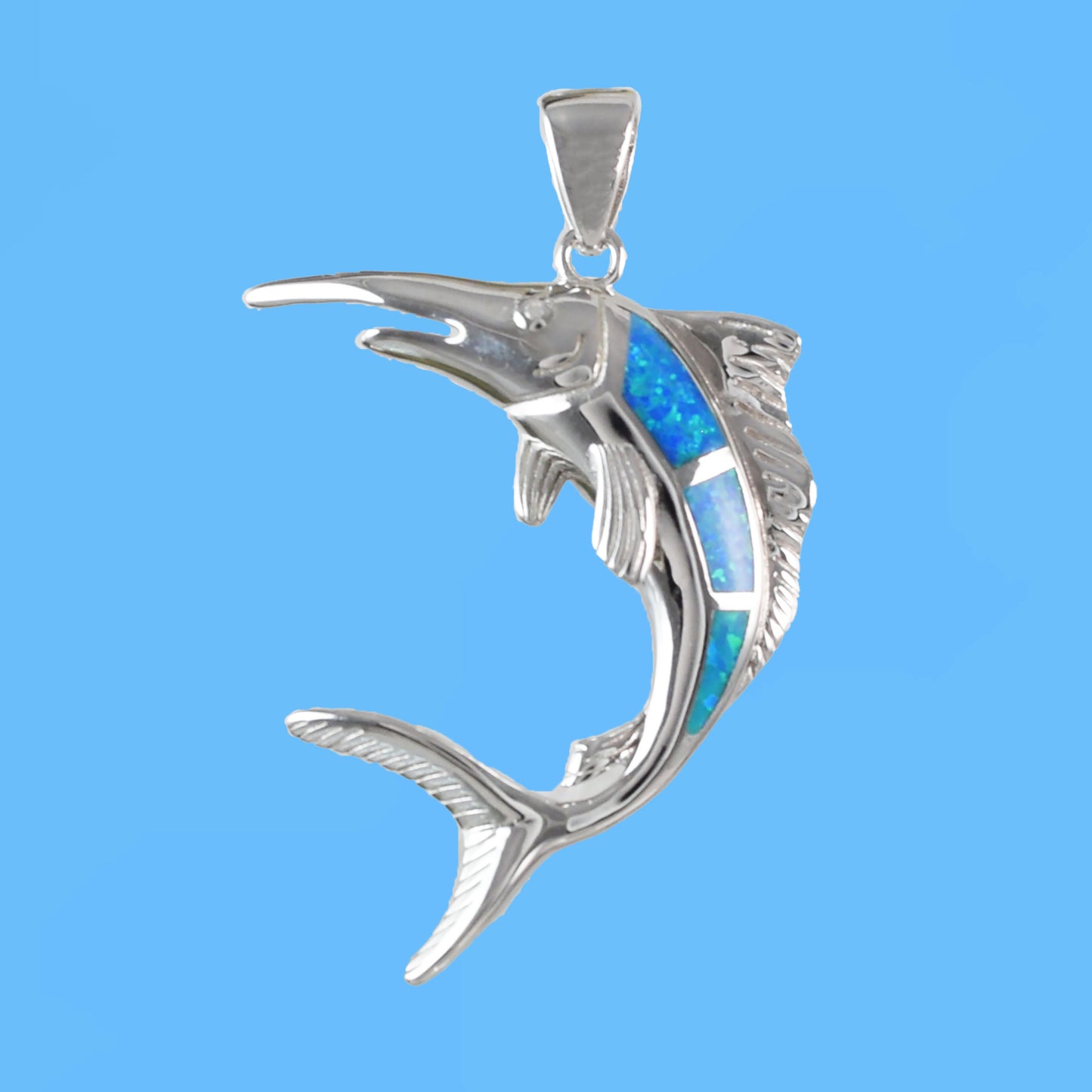 Unique Gorgeous Hawaiian X-Large Blue Opal Marlin Necklace, Sterling Silver Opal Marlin Fish Pendant, N6152 Birthday Mom Gift, Statement PC - Hawaii Treasures Shop