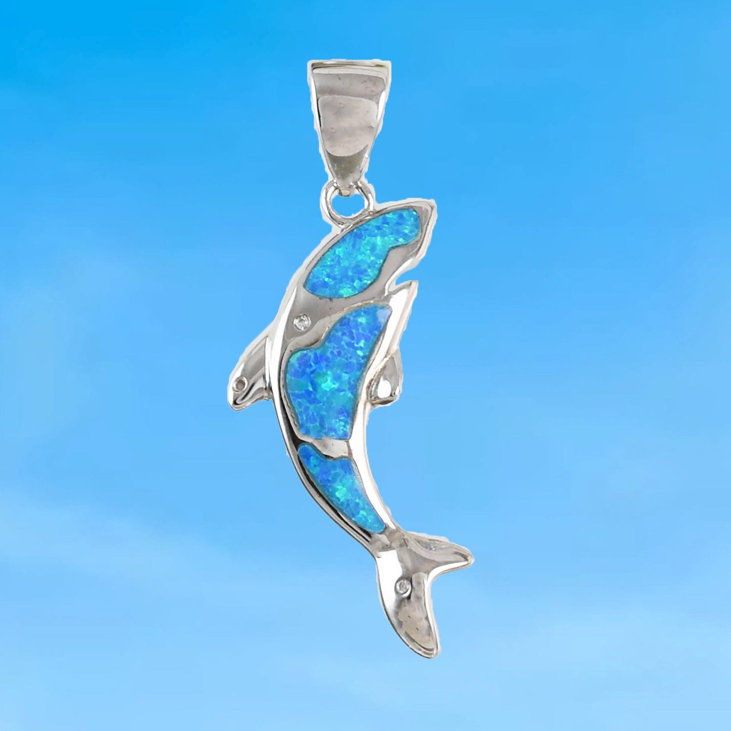 Unique Hawaiian Blue Opal Orca Whale Necklace, Sterling Silver Blue Opal Orca Killer Whale CZ Eye Pendant, N6166 Birthday Mother Mom Gift - Hawaii Treasures Shop