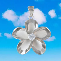 Gorgeous Large Hawaiian Plumeria Necklace, Sterling Silver Plumeria Flower CZ Pendant N6003 Birthday Mother Mom Gift, Island Jewelry