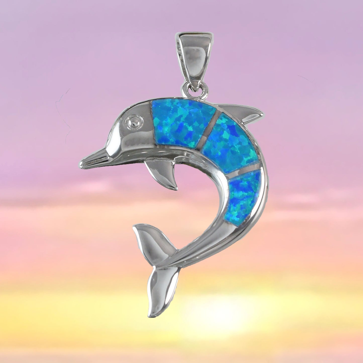 Gorgeous Hawaiian Large Blue Opal Dolphin Necklace, Sterling Silver Blue Opal Dolphin Pendant, N6030 Birthday Mother Mom Gift - Hawaii Treasures Shop