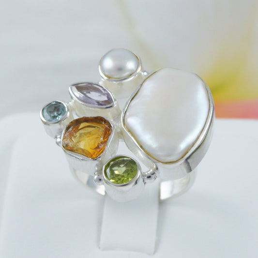 Gorgeous Hawaiian X-Large Genuine Peridot Citrine Amethyst Blue Topaz White Pearl Ring, Sterling Silver Ring, R2603 Statement PC