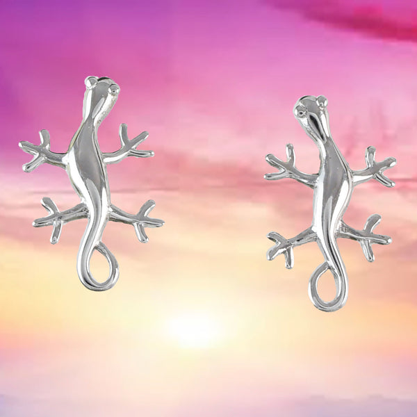 Unique Hawaiian Large Gecko Earring, Sterling Silver Gecko Lizard Stud Earring, E4117 Birthday Wife Mom Girl Mother Gift, Island Jewelry