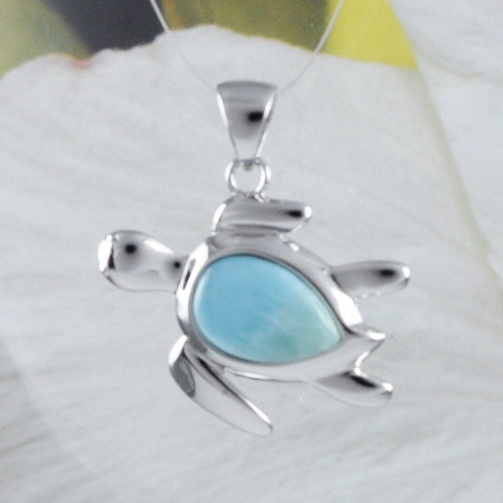 Collier unique en véritable tortue de mer Larimar hawaïenne, pendentif en argent sterling avec tortue Larimar, cadeau d'anniversaire pour mère, épouse, maman, N8436