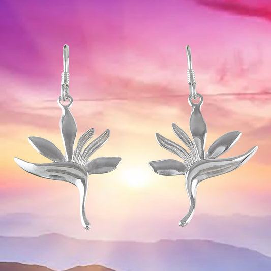 Unique Hawaiian Large Bird of Paradise Earring, Sterling Silver Bird of Paradise Flower Dangle Earring, E4108 Birthday Mom Mother Gift