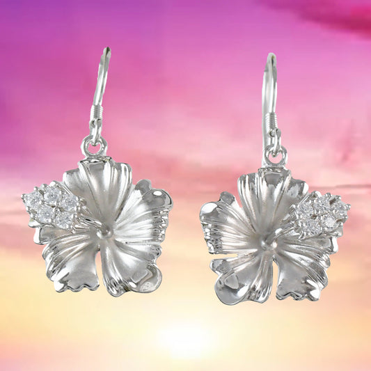 Beautiful Hawaiian Hibiscus Earring, Official Hawaii State Flower, Sterling Silver Hibiscus CZ Dangle Earring, E4124 Birthday Wife Mom Gift