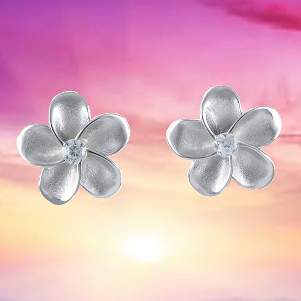 Beautiful Hawaiian Plumeria Earring, Sterling Silver Plumeria CZ Stud Earring, E4011 Birthday Wife Mom Girl Mother Gift, Island Jewelry